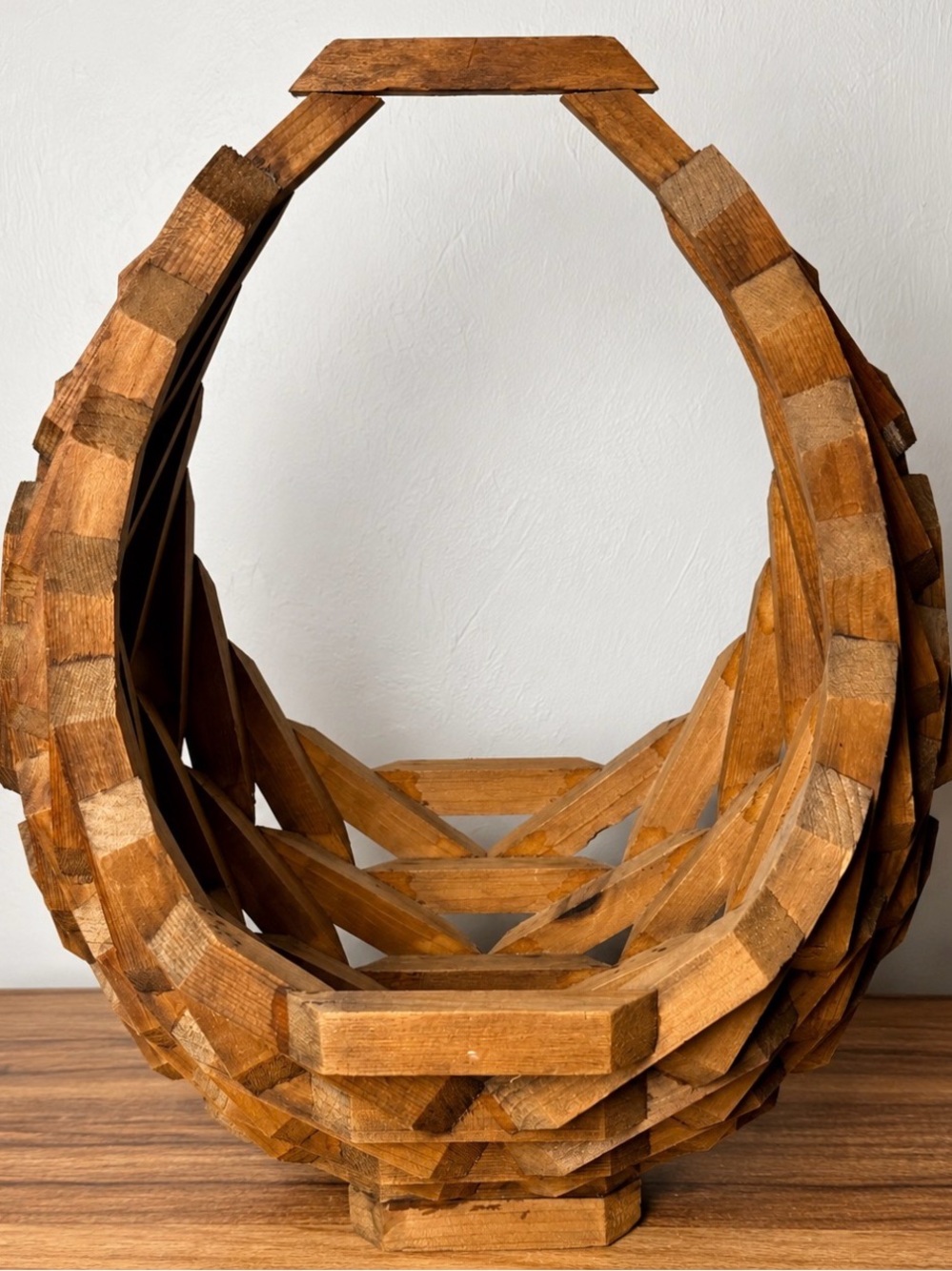 1970s Handcrafted Wooden Decorative Basket - Warm Brown
